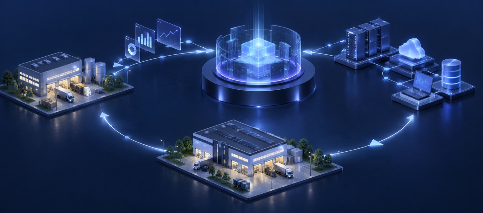 Conceptual SeeWorkHub illustration of operations sending insight to a central technology hub and receiving improvements in return.