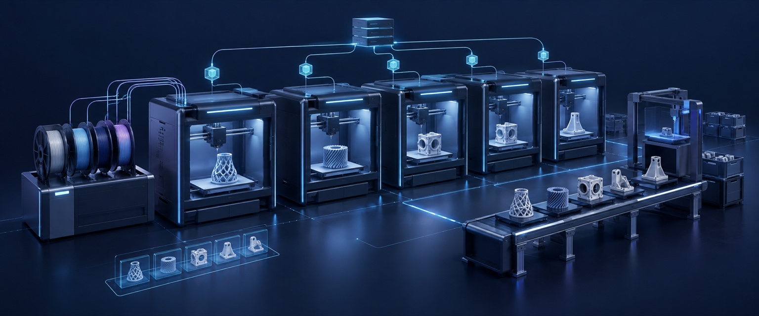 Conceptual SeeWorkHub illustration of connected 3D printers, material supply and a coordinated production queue.